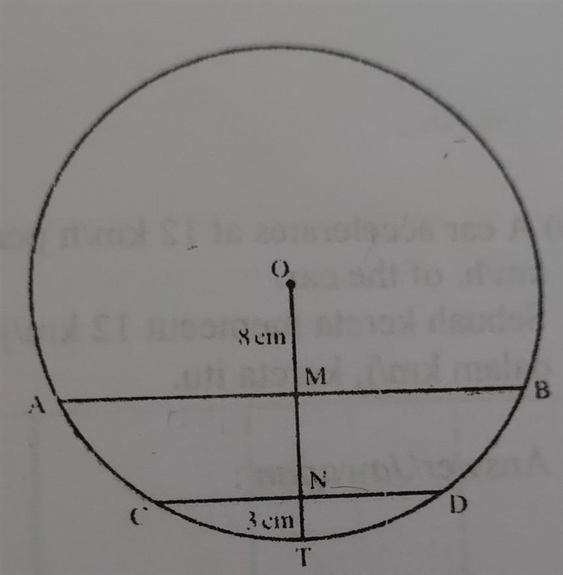 (a) The diagram shows a circle, centre 0. AB and CD are chord. Given that OM = 8 cm-example-1