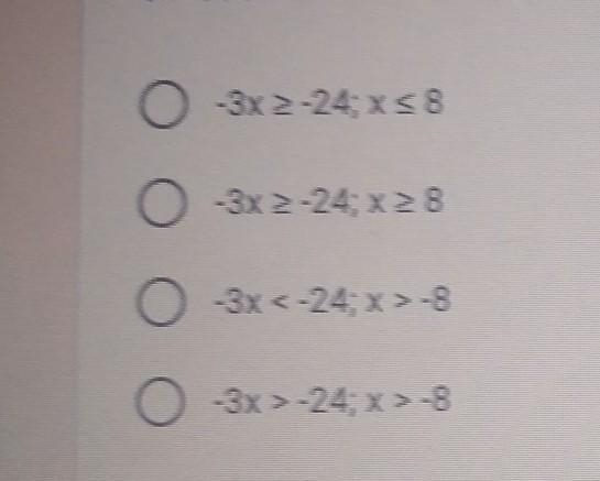 Solve the algebraic inequality. The product of -3 and a number is at least -24.​-example-1