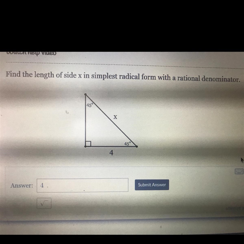 Find the length of side x in simplest radical form with a rational denominator-example-1