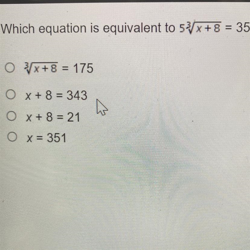 Which equation is equivalent to 5^3 sqrt x+8 = 35?-example-1