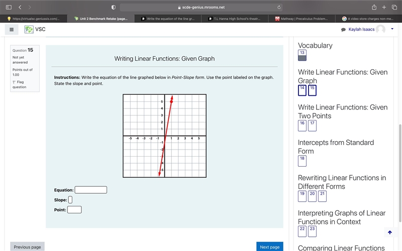 Write the equation of the line graphed below in Point-Slope form. Use the point labeled-example-1