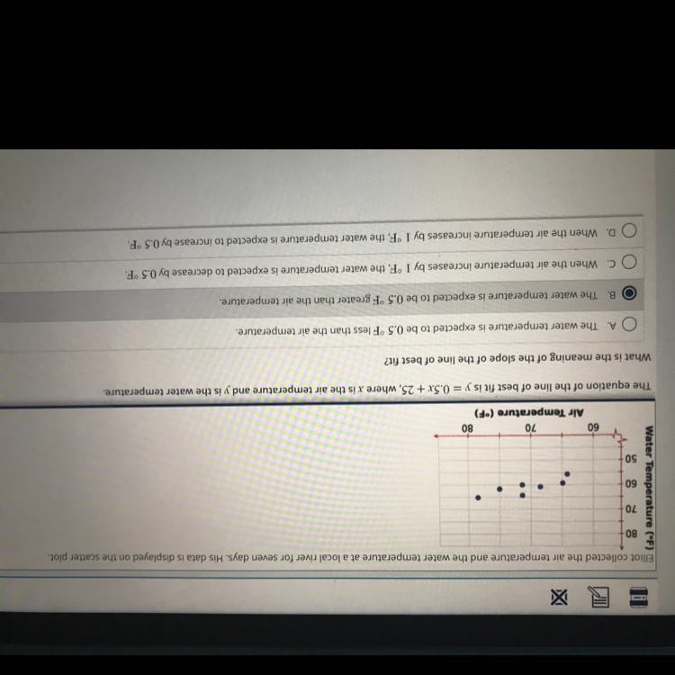 Elliot collected the air temperature and the water temperature at a local river for-example-1