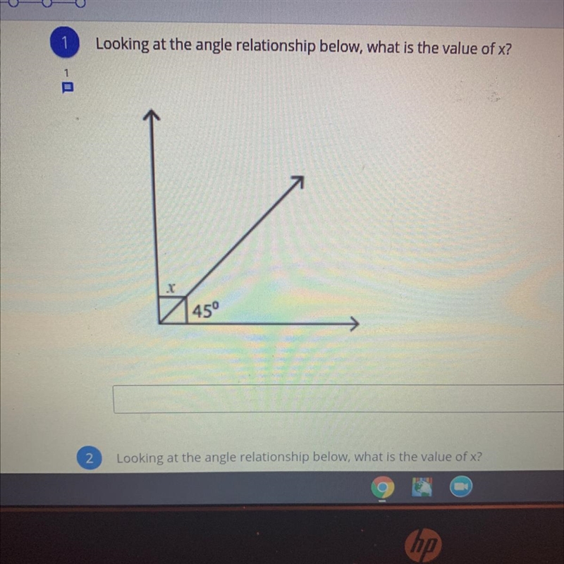 1 Looking at the angle relationship below, what is the value of x? 1 . 45°-example-1