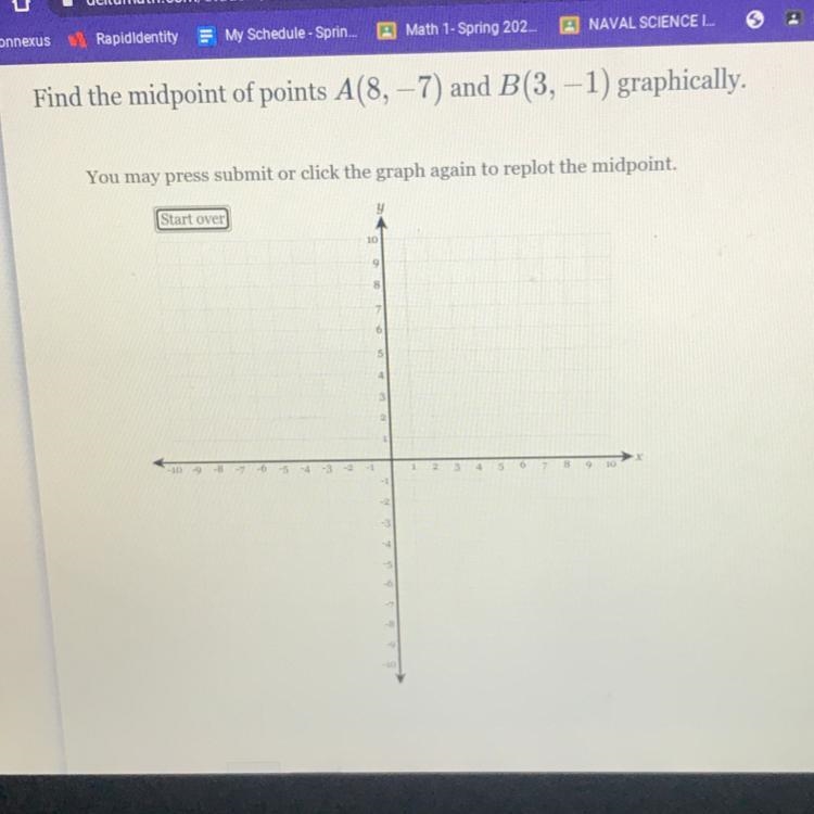 Find the midpoint of points A(8,-7) and B(3,-1) graphically-example-1