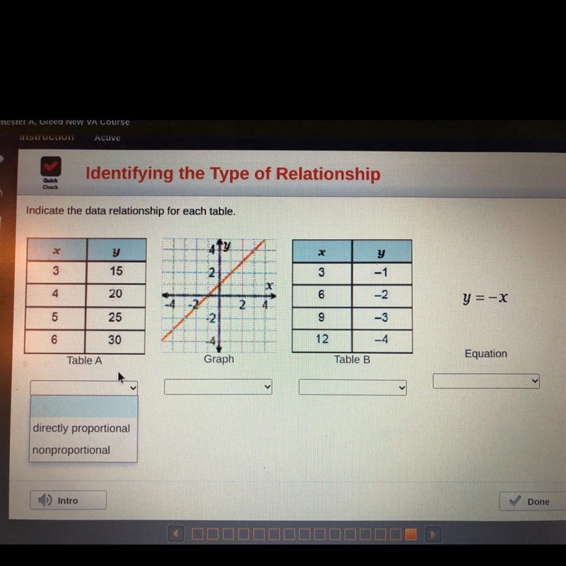 Indicate the data relationship for each table. If each is, directly proportional or-example-1