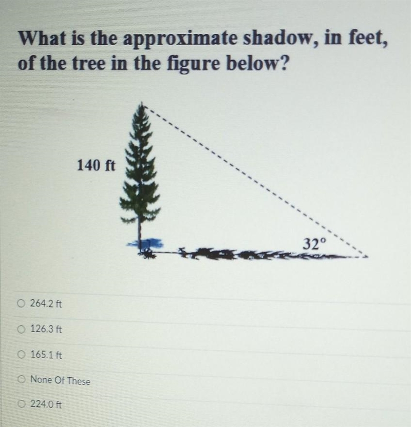 What is the approximate shadow in feet of the tree in the figure below.​-example-1