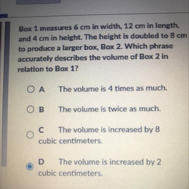 Box 1 measures 6 cmon width, 12 cm in length and 4 cm in height. The height is doubled-example-1