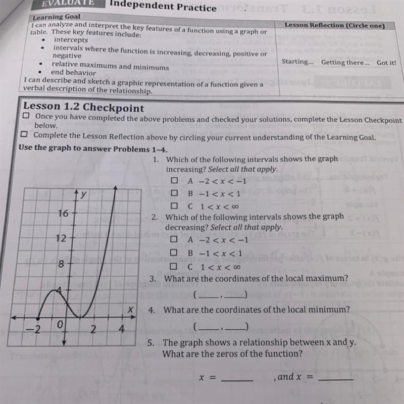 1. Which of the following intervals shows the graph increasing? Select all that apply-example-1