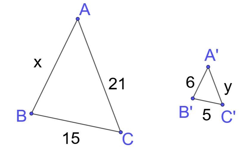 △ABC∼△A′B′C′ Solve for x and y.-example-1