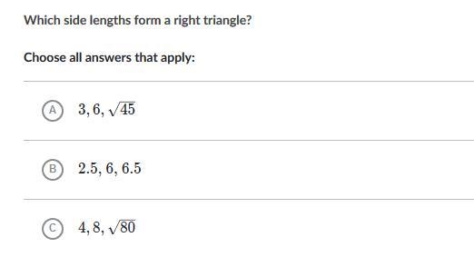 Which side lengths form a right triangle?-example-1