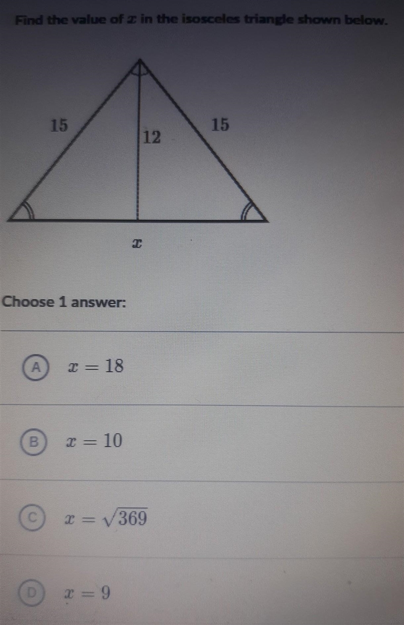 Find the value of x in the isosceles triangle shown below.​-example-1