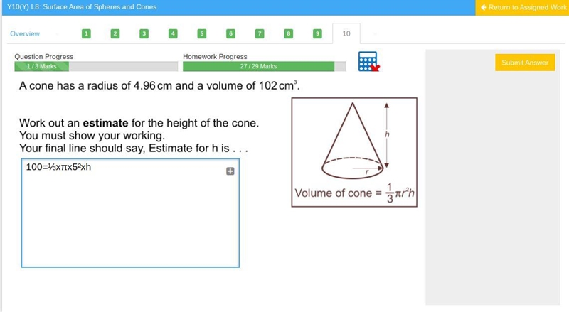 A cone has a radius of 4.96 cm and a volume of 102 cm³ The question is asking for-example-1