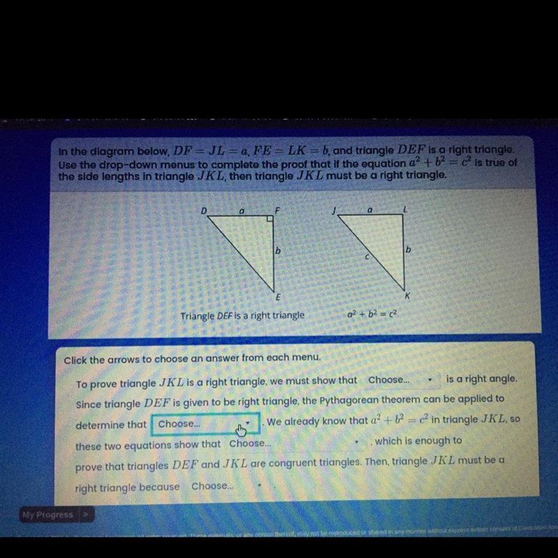 In the diagram below, DF = JL = a FE = LK=b and triangle DEF is a right triangle. Use-example-1