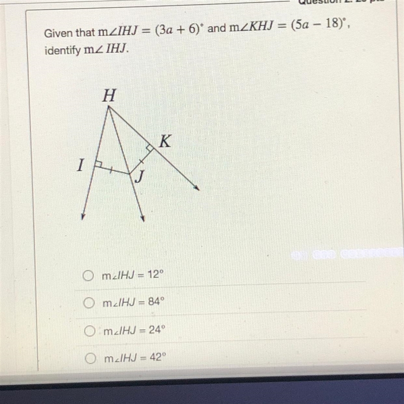 Given that m IHJ = (3a + 6)° and m KHT = (5a - 18)°, identify m IHJ.-example-1