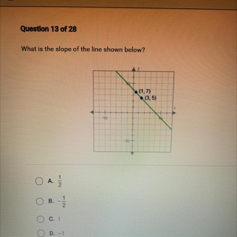 What is the slope of the line shown below? (1,7) (3,5) -10 -10 O A. O B. 1 2 O c. 1 O-example-1