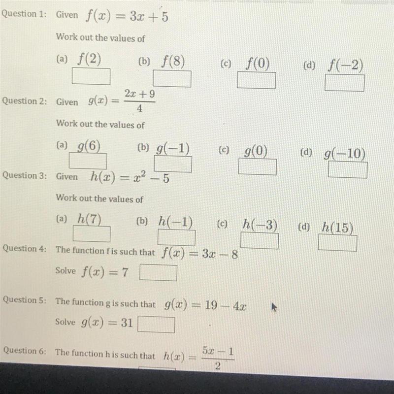 B) g(-1) Question 3: Given h(x) = x2 - 5 C) g(0) (d) g(-10) Work out the values of-example-1