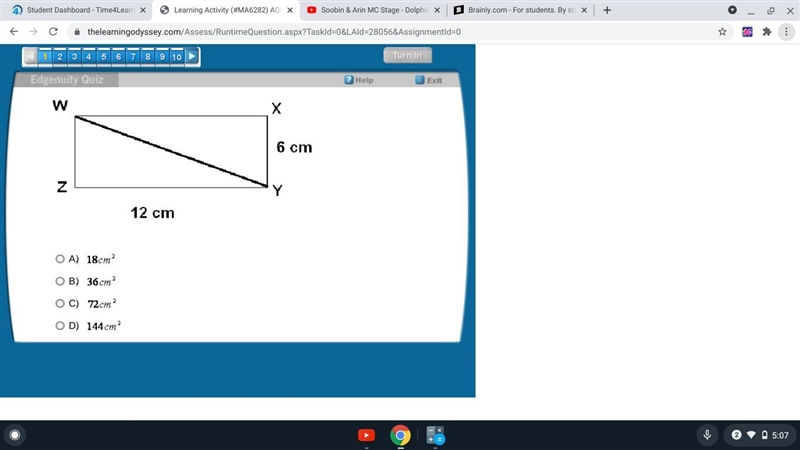 Find the area of wyz A. 18 cm B 36 cm C.72 cm D 144-example-1