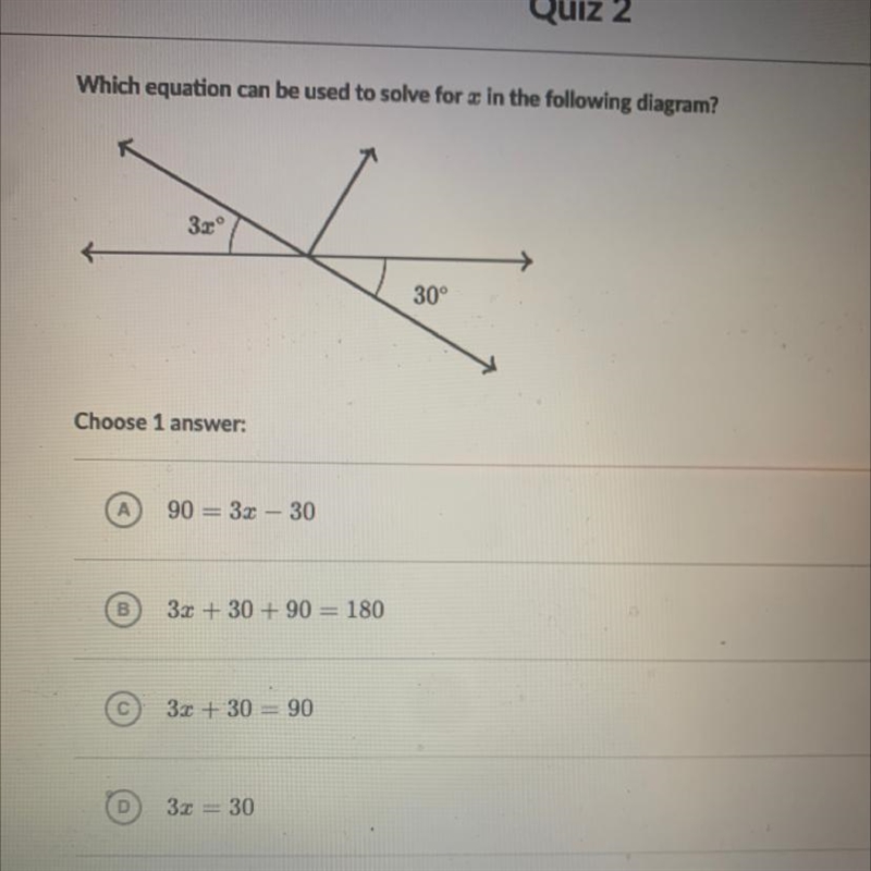 Which equation can be used to solve for x in the following diagram? 3° 30° Choose-example-1