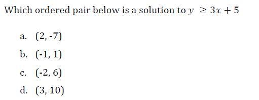 Which ordered pair below is a solution to y ≥ 3x + 5-example-1