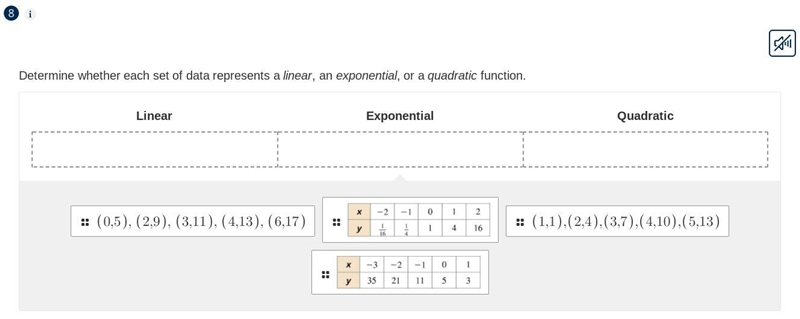 Determine whether each set of data represents a linear, an exponential, or a quadratic-example-1