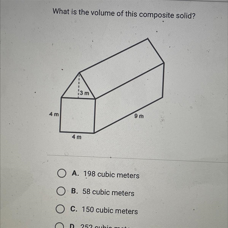 What is the volume of this composite solid? 13 m 4 m 9 m 4 m A. 198 cubic meters B-example-1