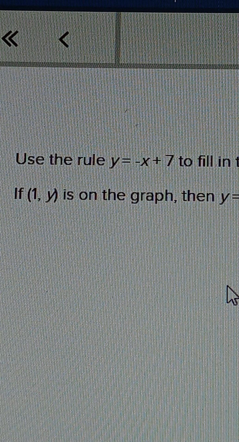 Use the rule y= -x + 7 to fill in the blank. if (1,y) is on the graph then y =​-example-1