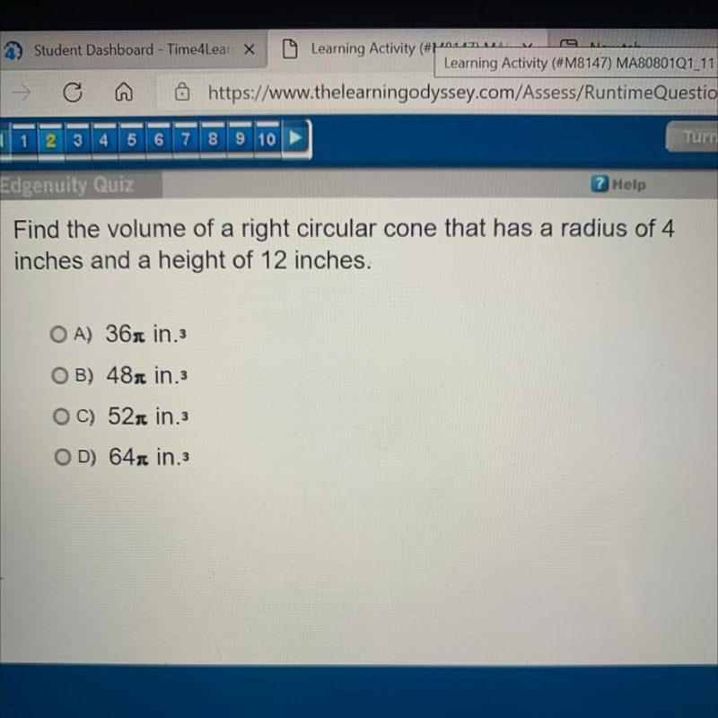 Find the volume of the right circular cone that’s has the radius of 4 inches and height-example-1