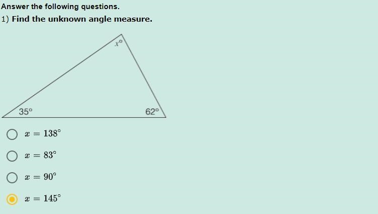 Answer the following questions. 1) Find the unknown angle measure. just look at the-example-1