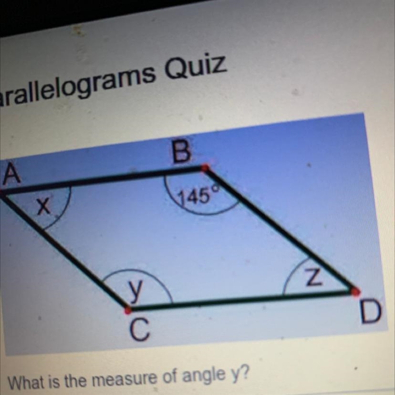 I'm trying to find the measure of this parallelogram a= x b=145° c=y and d=z-example-1