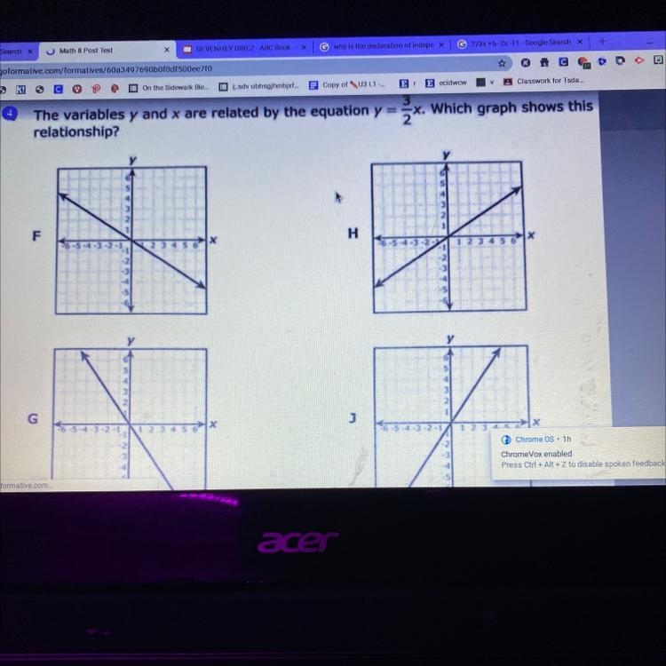 The variables y and x are related by the equation y=2/3 x. which graph shows this-example-1