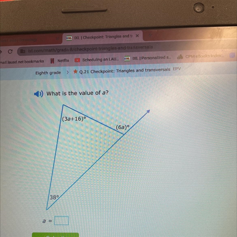 What is the value of a? (3a+16)° (6a) 38 a =-example-1