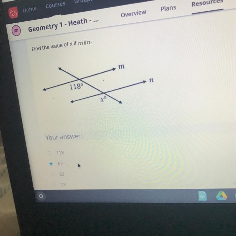 Find the value of x answers 118 62 82 28-example-1