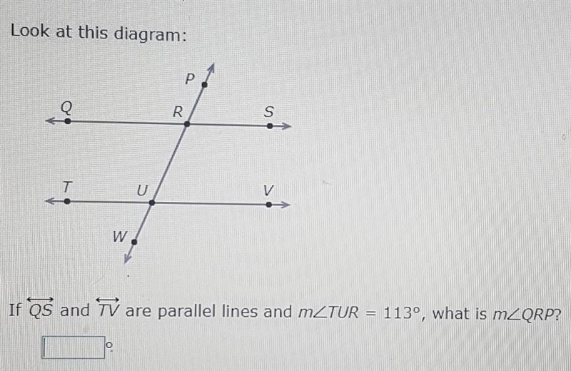 Look at this diagram. If QS and TV are parallel lines and m<TUR = 113°, what is-example-1