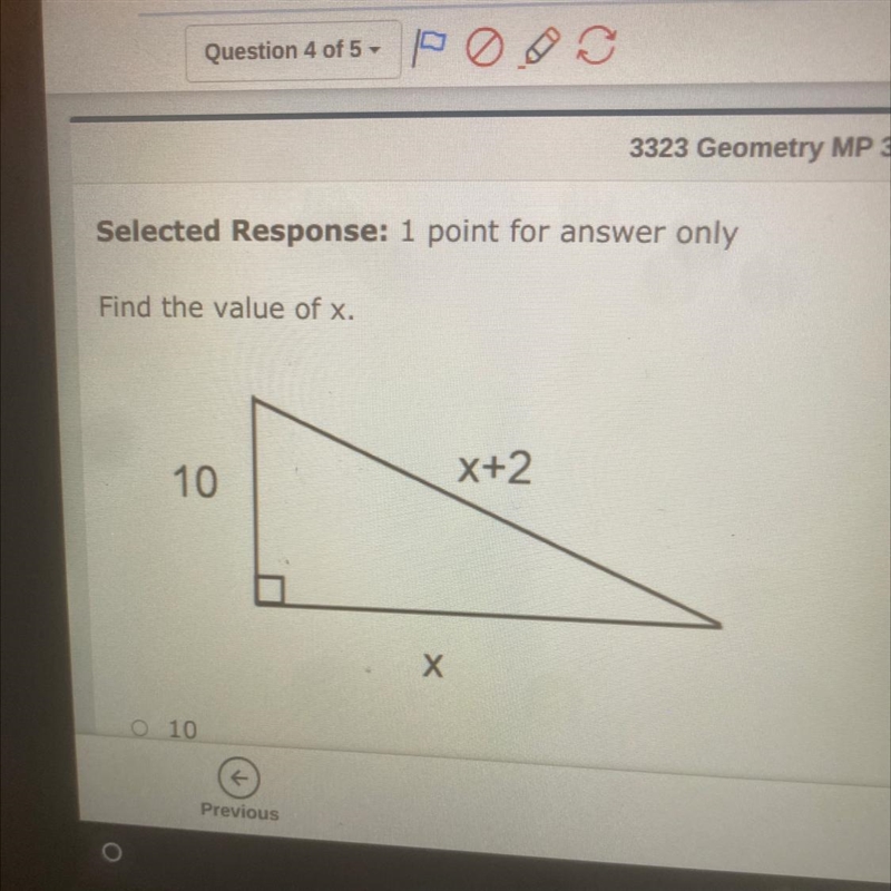 Find the value of x. X+2 10 Х 0 10-example-1