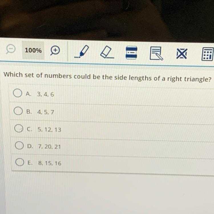 Which set of numbers could be the size lengths of a right triangle-example-1