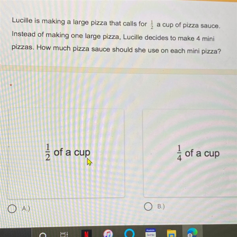 PLS HELP! Lucille is making a large pizza that calls for 1/2 a cup of pizza sauce-example-1