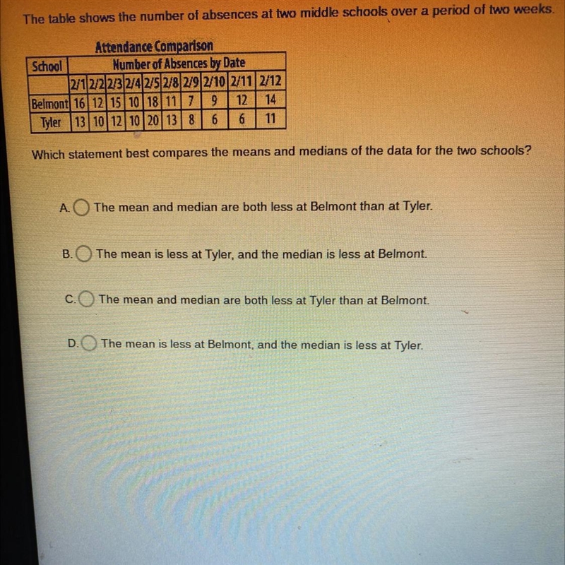 2. The table shows the number of absences at two middle schools over a period of two-example-1