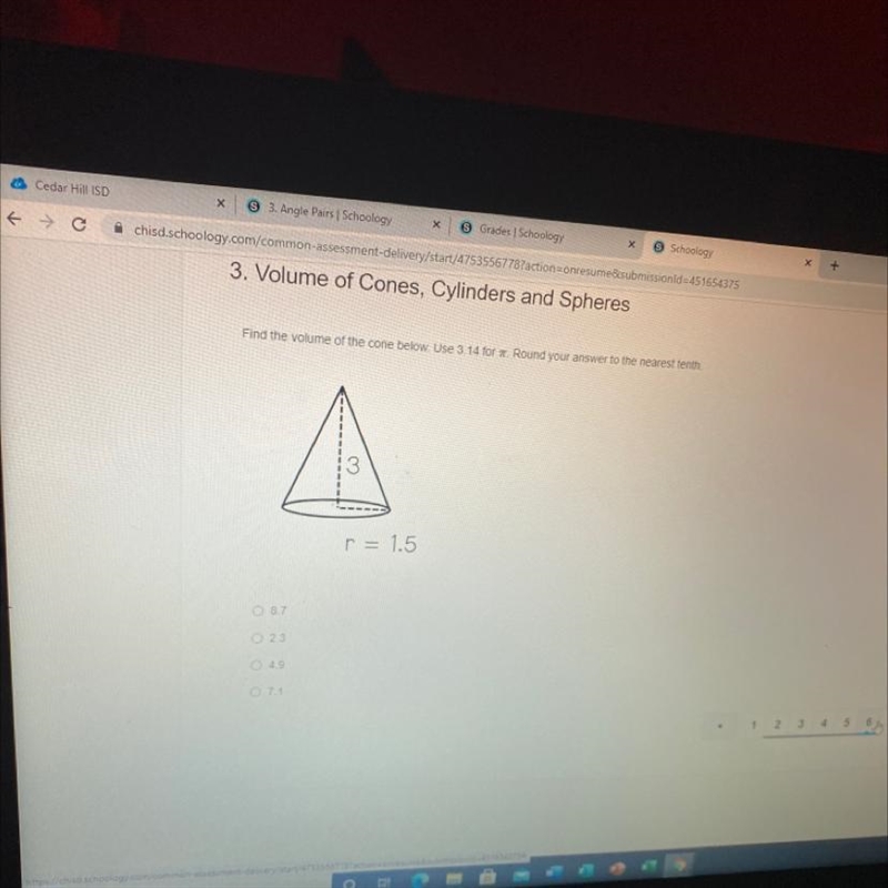 Find the volume of the cone below. Use 3.14 for A. Round your answer to the nearest-example-1