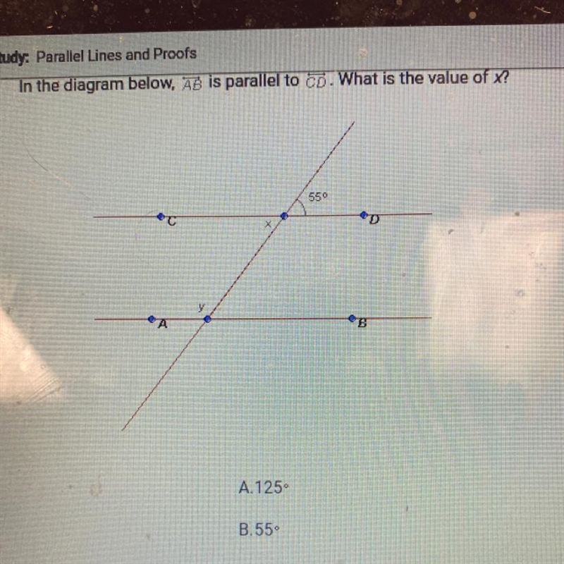 In the diagram below Line AB is parallel to line CD what is the value of x-example-1