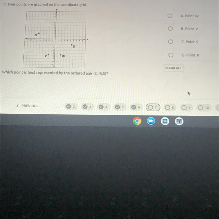 7. Four points are graphed on the coordinate grid. A Point W B. Point V C. Point S-example-1