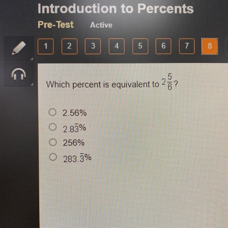 Which percent is equivalent to 2 5/6?-example-1