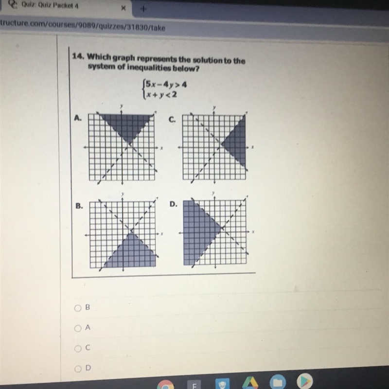 Which graph represents the solution to the system of inequalities below? 5x - 4y &gt-example-1