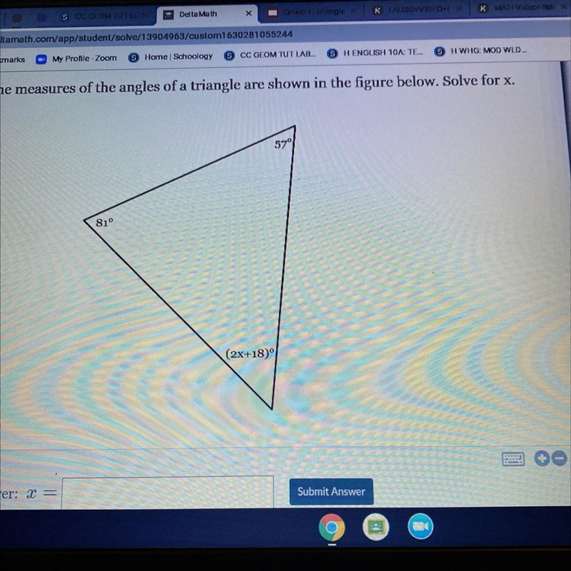 The measure of the angles of a triangle are shown in the figure below. solve for x-example-1