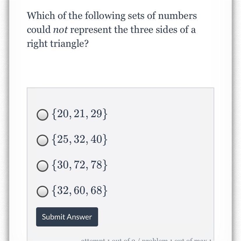 Which of the following sets of numbers could not represent the three sides of a right-example-1