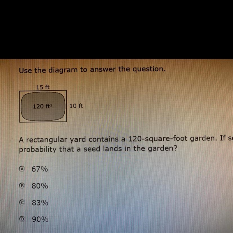 A rectangular yard contains a 120-square-foot garden. If seeds are scattered uniformly-example-1