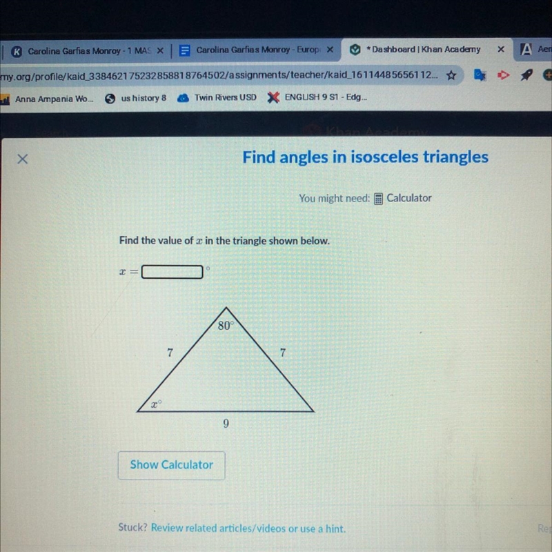 Find the value of in the triangle shown below. 0 = 80° 7 7 2 9-example-1