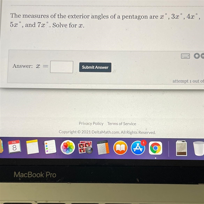 The measures of the exterior angles of a pentagon are x', 38°, 45°, 5x", and-example-1