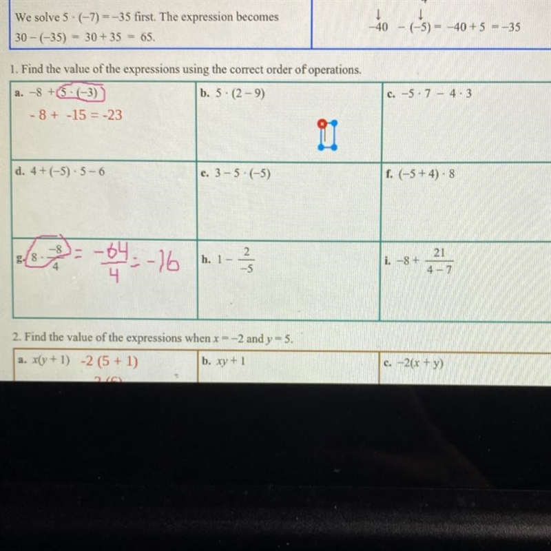 1. Find the value of the expressions using the correct order of operations. a. -8 +5 (-3)) b-example-1