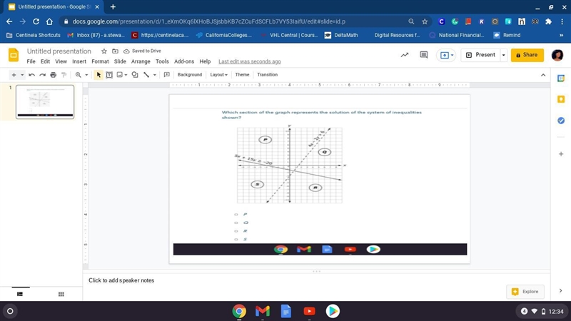 Which section of the graph represents the solution of the system of inequalities shown-example-1