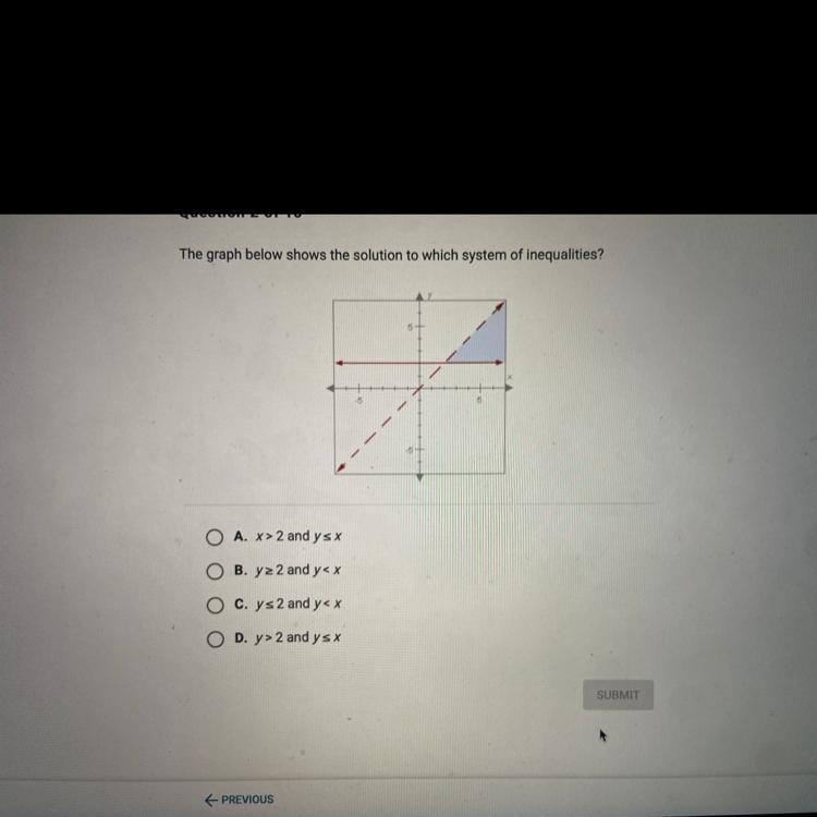 The graph below shows the solution to which system of inequalities Helpppp-example-1